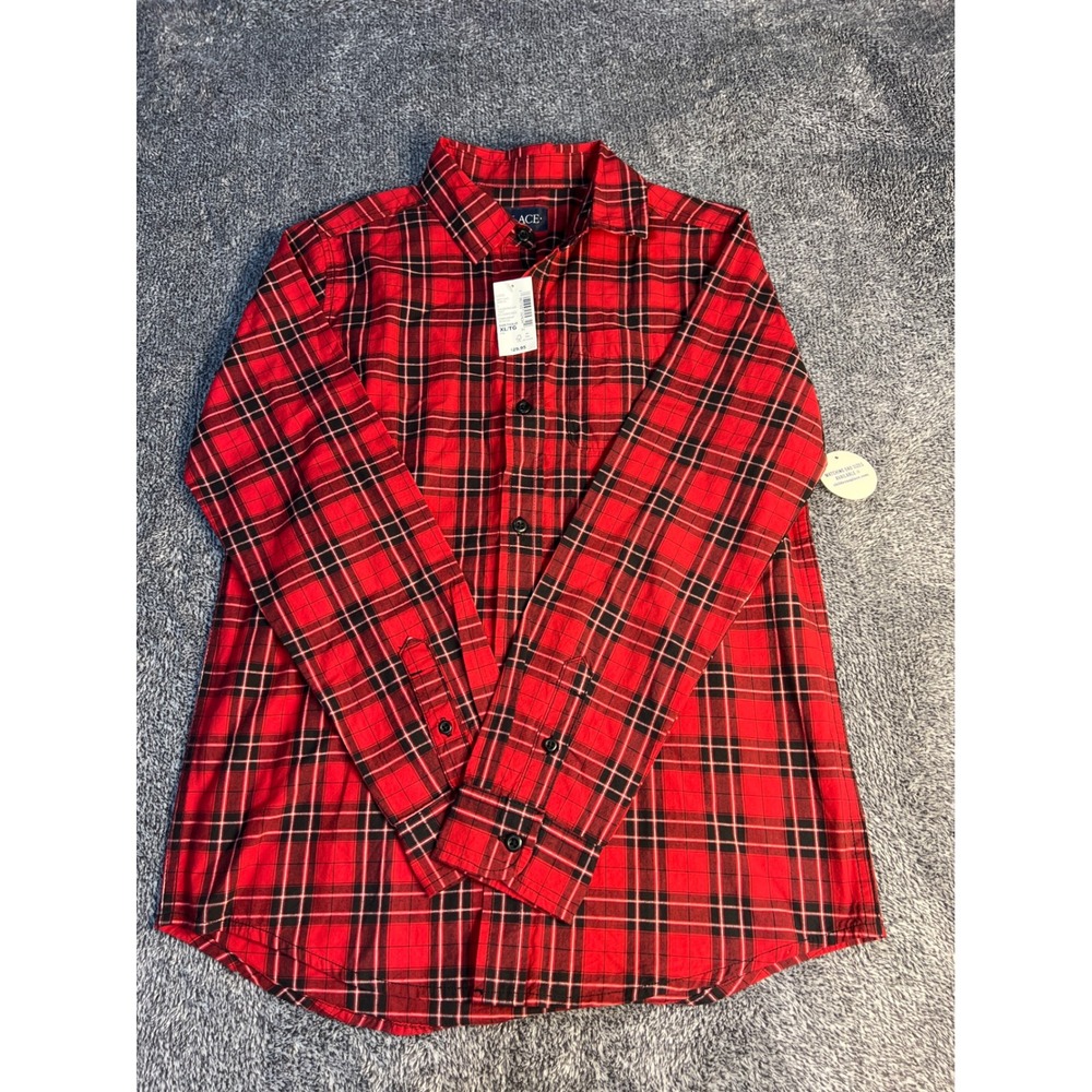 The Childrens Place Boys Red Black Plaid Flannel Button Down Shirt XL 14 NWT